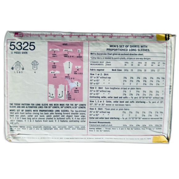 Vintage 70s Men Dress Shirt Short Long Sleeve Pattern Simplicity 5325 Sz 15.5. - Picture 2 of 2